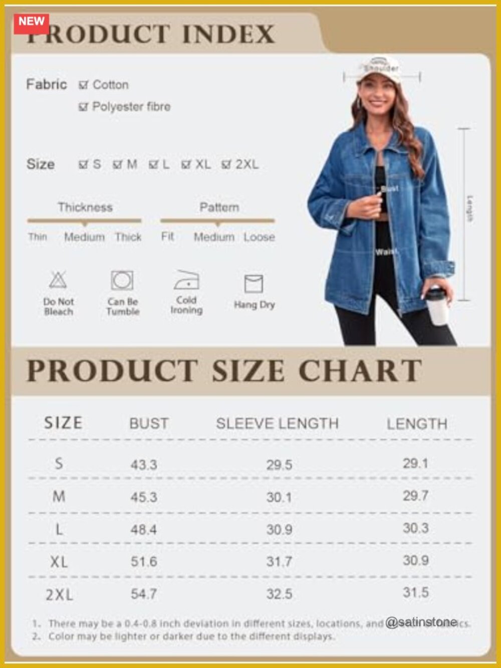 Oversized Boyfriend Denim Jacket Long Sleeve Zip Up Spring Fall Jean Jacket - Picture 5 of 6